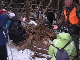 Looking at tracks Alcott points out a porcupine den, with droppings and quills piled outside